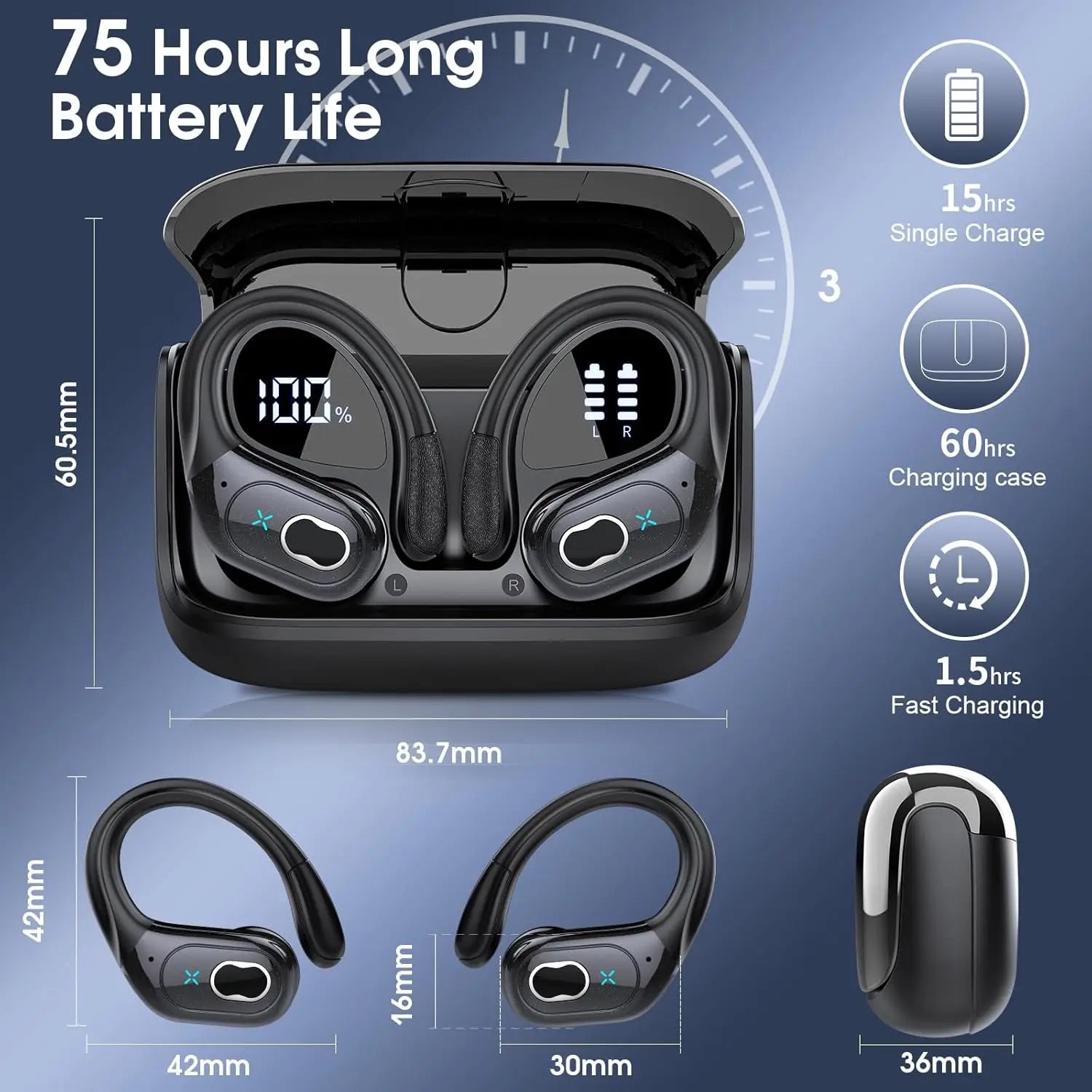 Wireless Earbuds Sport Bluetooth 5.4 Headphones ENC Noise Cancelling Mic 75H HiFi Stereo Over Ear Bud LED Display for iPhone/Gym